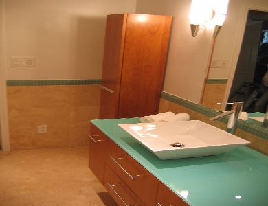 floating vanity travertine bathroom